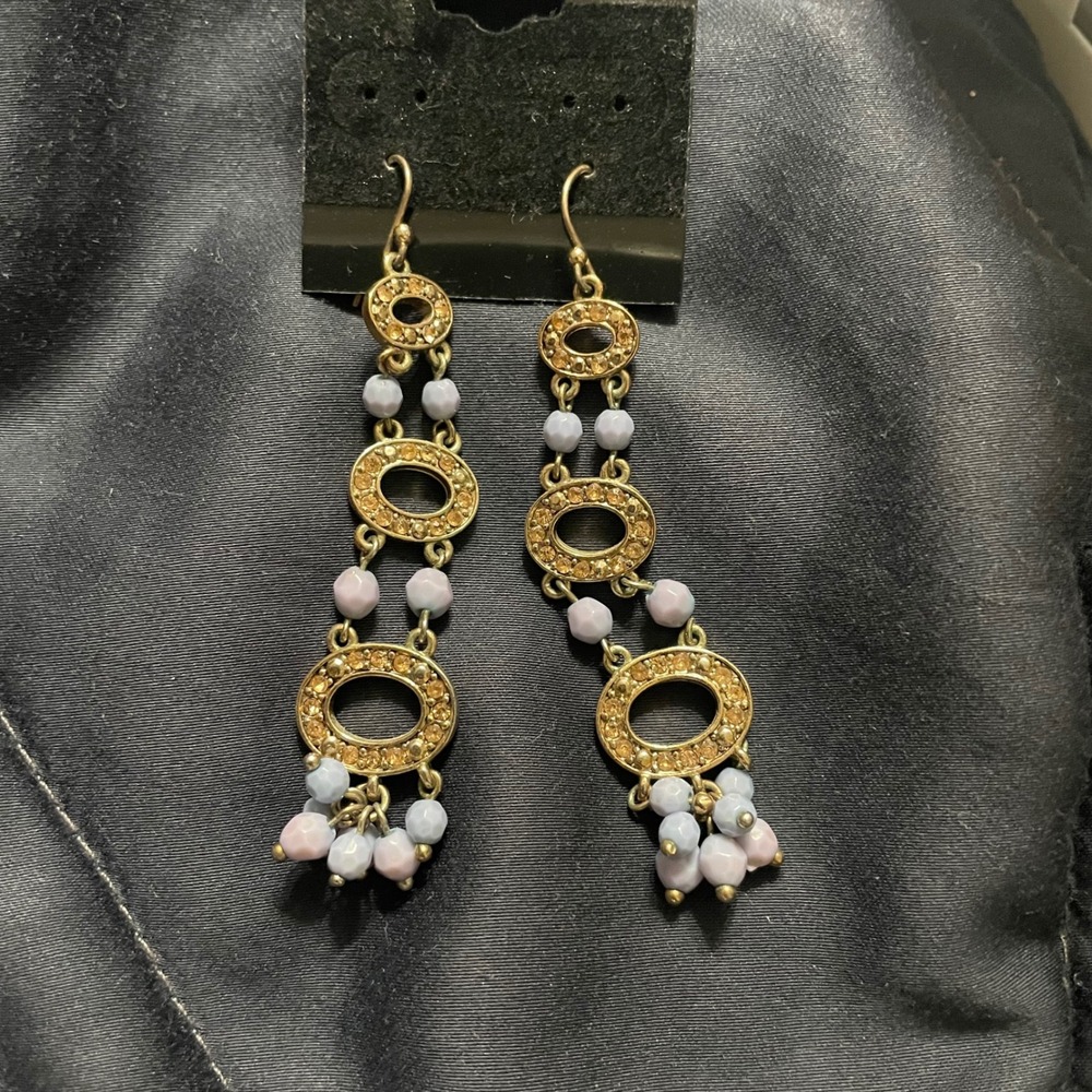 Gold Tone Oval Link Beaded Drop Earrings Light Blue Gemstones Dangling LC mark